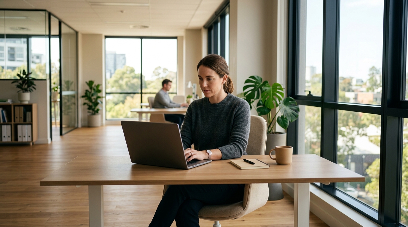 Support operator at a clean desk reviewing customer messages on a laptop in a bright office