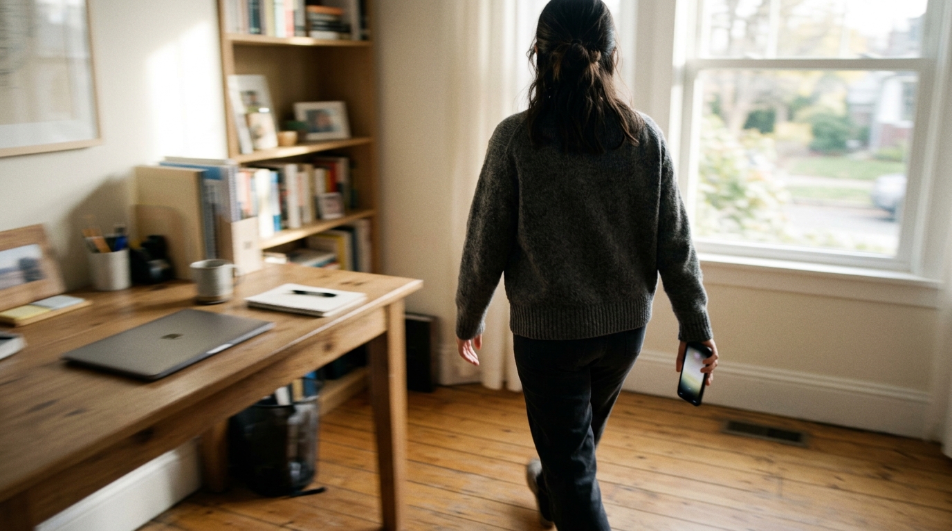 Person walking away from a desk with a phone buzzing in hand, catching a coding agent WhatsApp notification