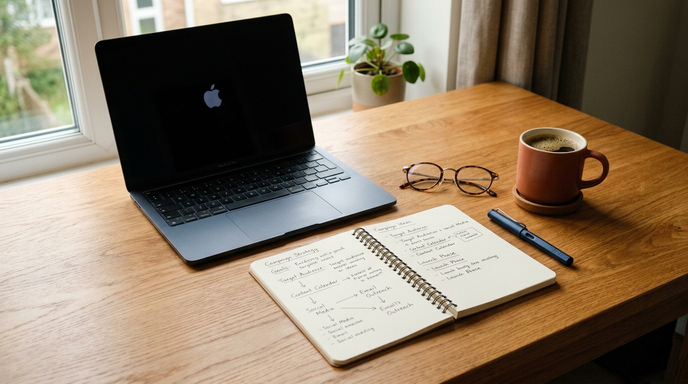 Open laptop and notebook on a desk where a marketer plans a bulk WhatsApp campaign