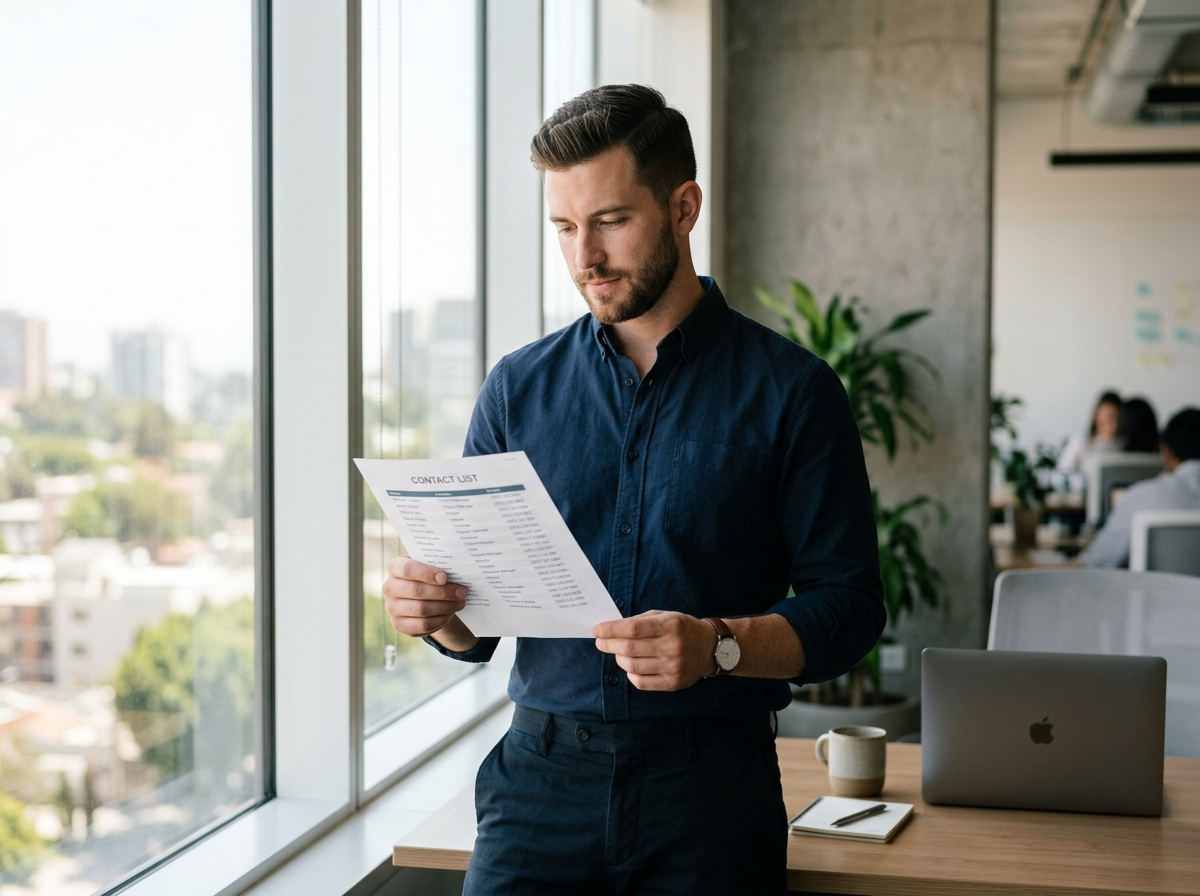 Marketing professional reviewing a printed contact list before launching a WhatsApp bulk campaign