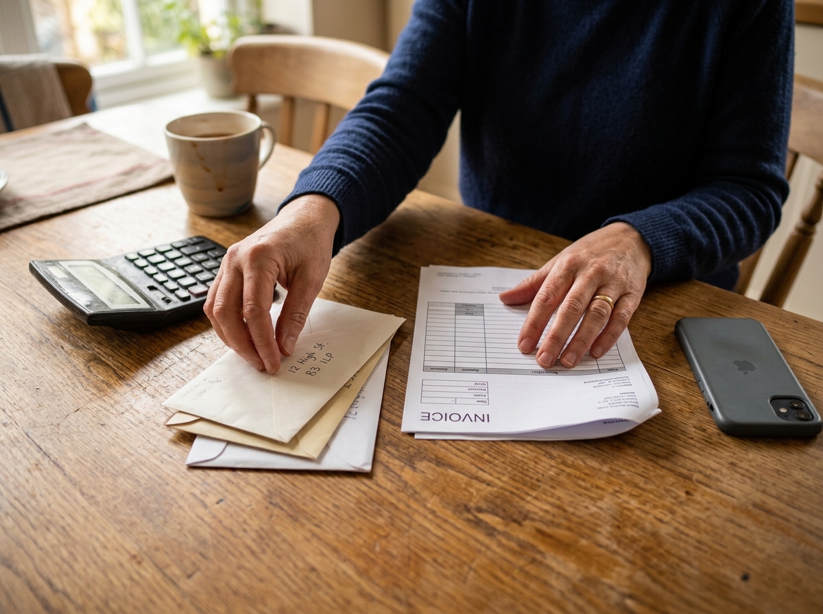 Hands sorting monthly bills, the kind of recurring payment reminder worth automating on WhatsApp