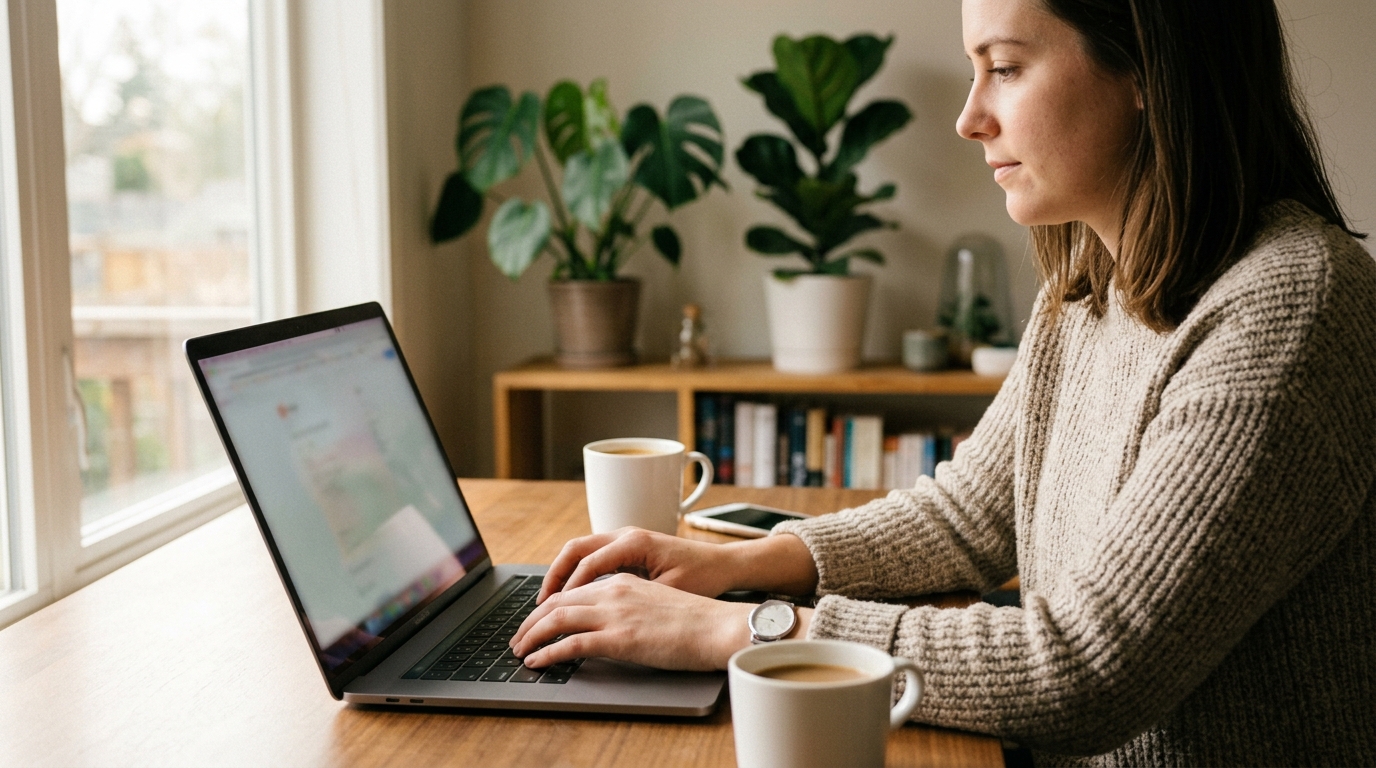 Person at a laptop scheduling a recurring WhatsApp message during a quiet work session