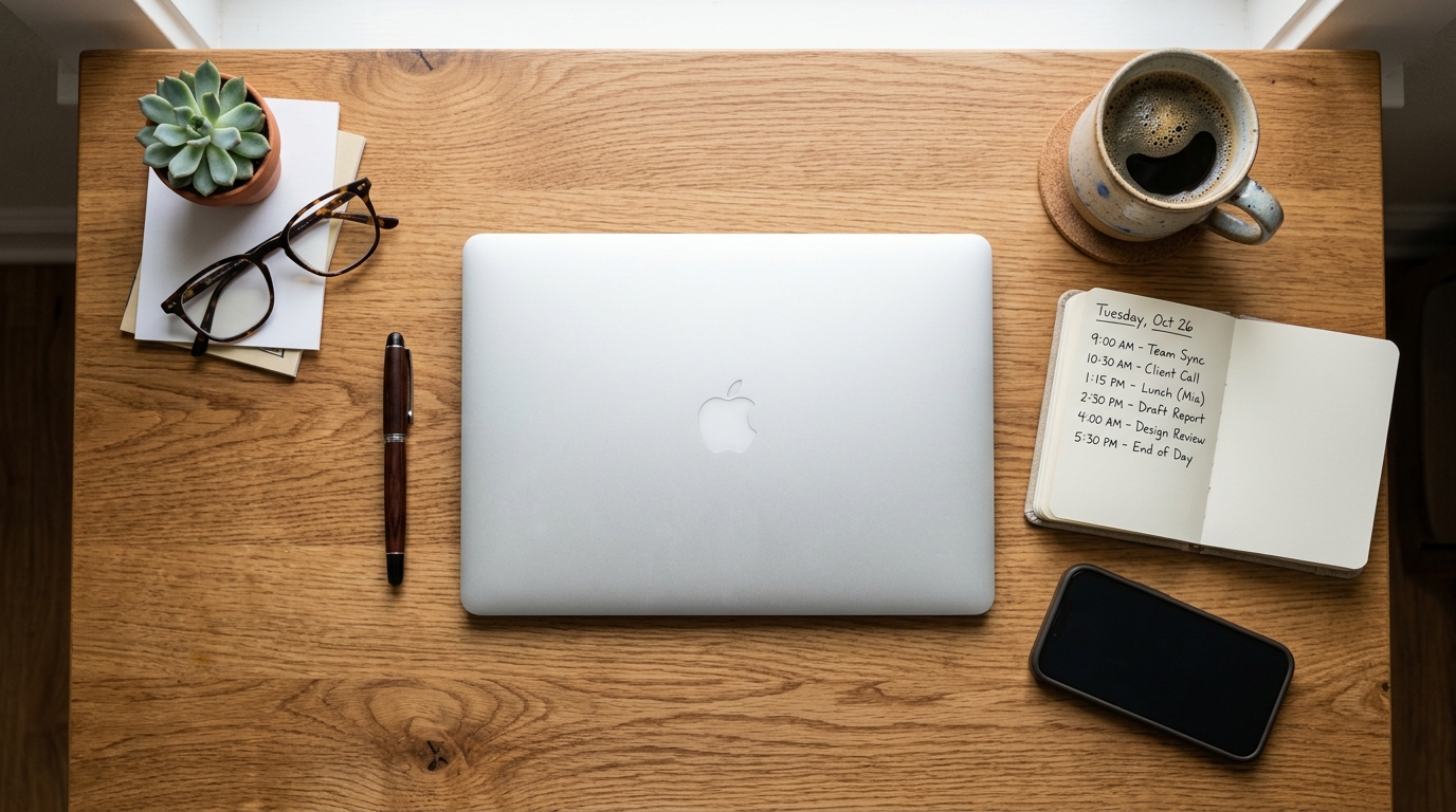 Overhead desk flat-lay with a closed laptop and a notebook of scheduled send times