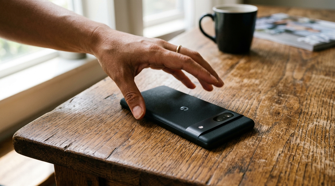 Hand reaching for a smartphone resting face-down on a wooden table