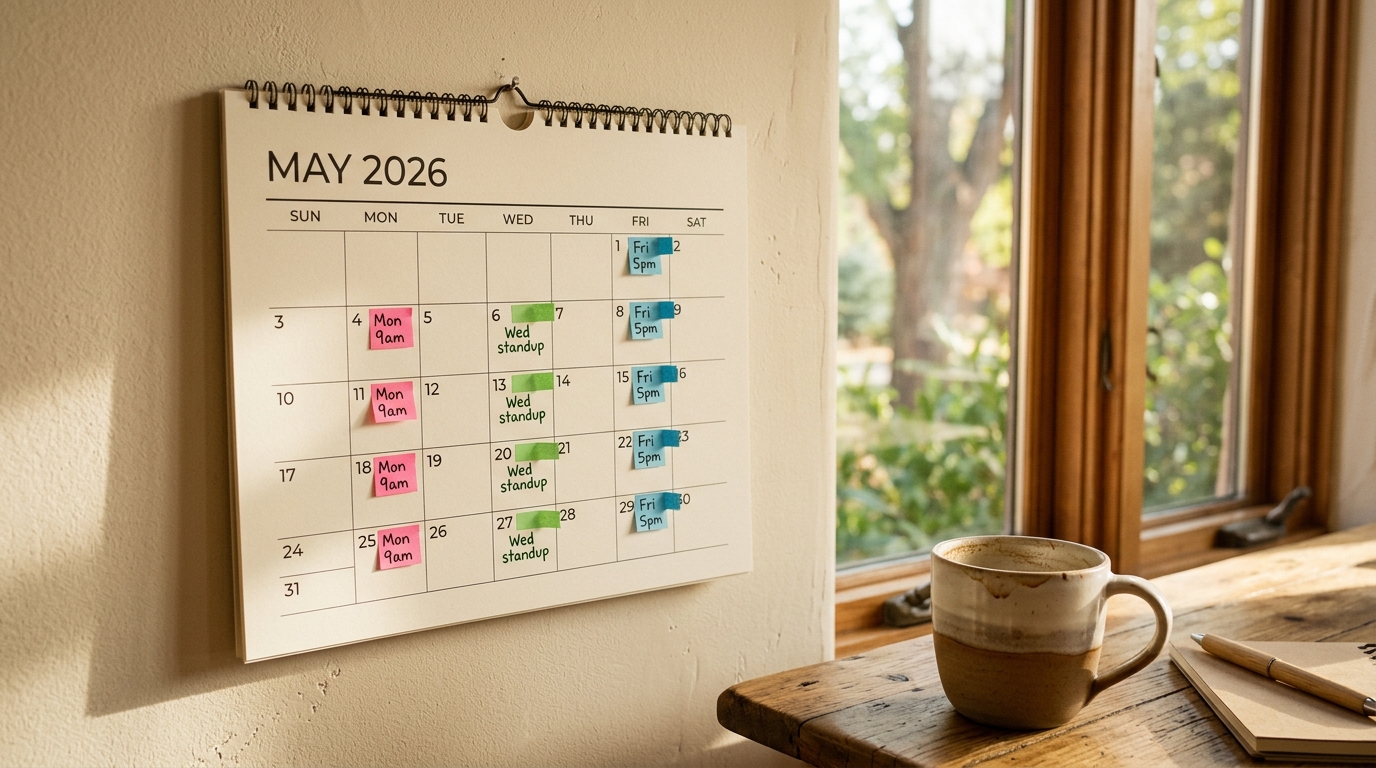 Paper wall calendar marked with sticky notes for recurring scheduled WhatsApp messages
