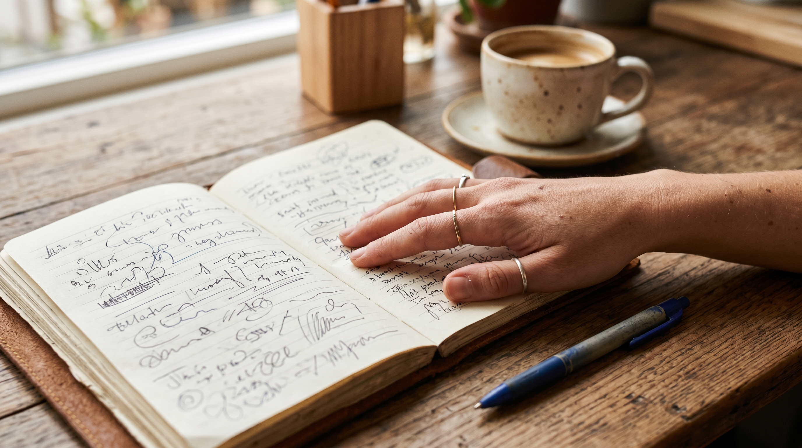 A hand resting on an open paper appointment book on a desk, pen nearby, soft daylight