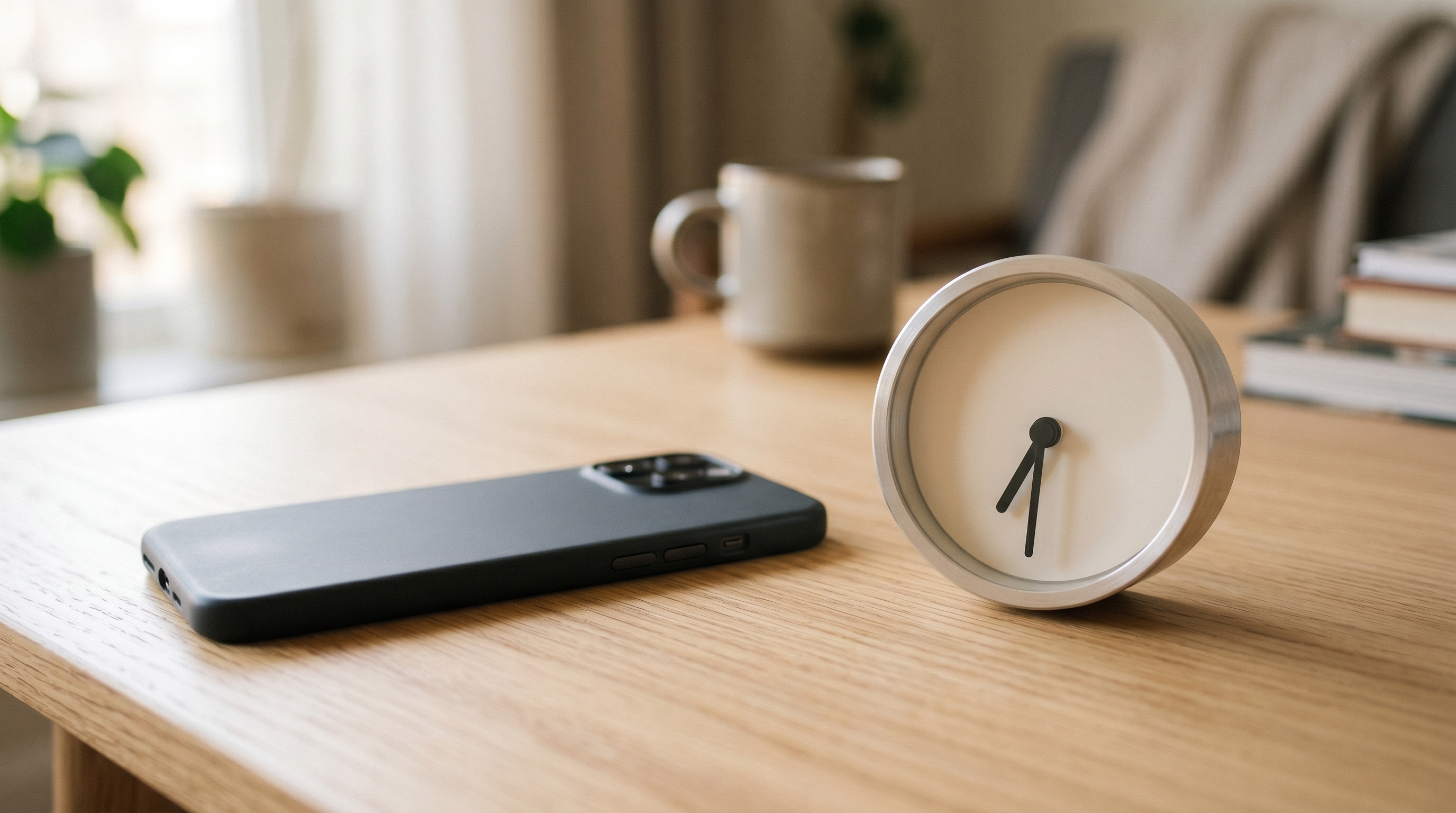A phone lying face-down on a counter next to a small analog clock in soft morning light