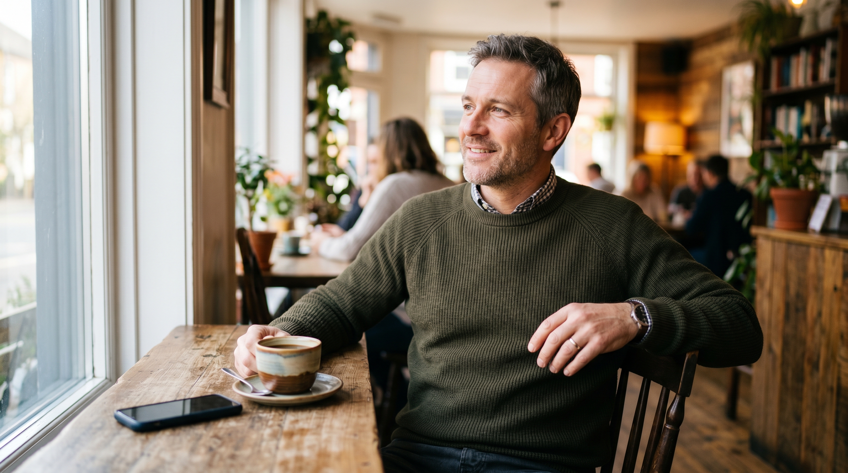 A relaxed small-business owner having coffee away from the counter, phone set aside, warm daylight