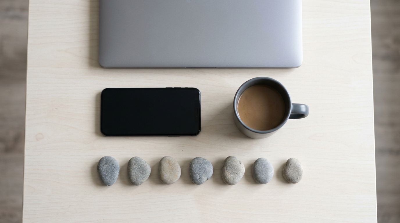 A tidy flat-lay with a closed laptop, a face-down phone, coffee, and one neat evenly-spaced row of identical smooth stones, an orderly supervised Elixir send workflow