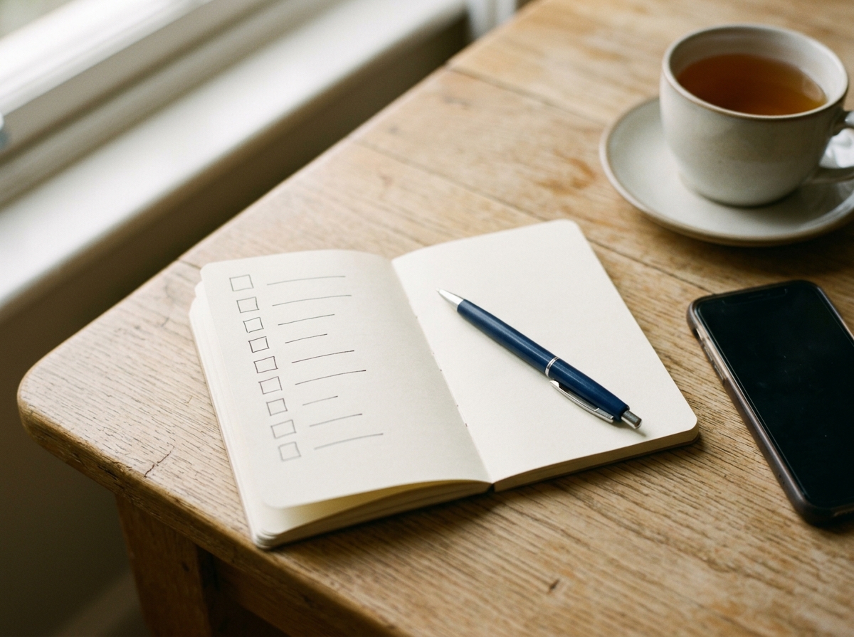 A notebook checklist beside a phone on a wooden table, confirming WhatsApp message delivery