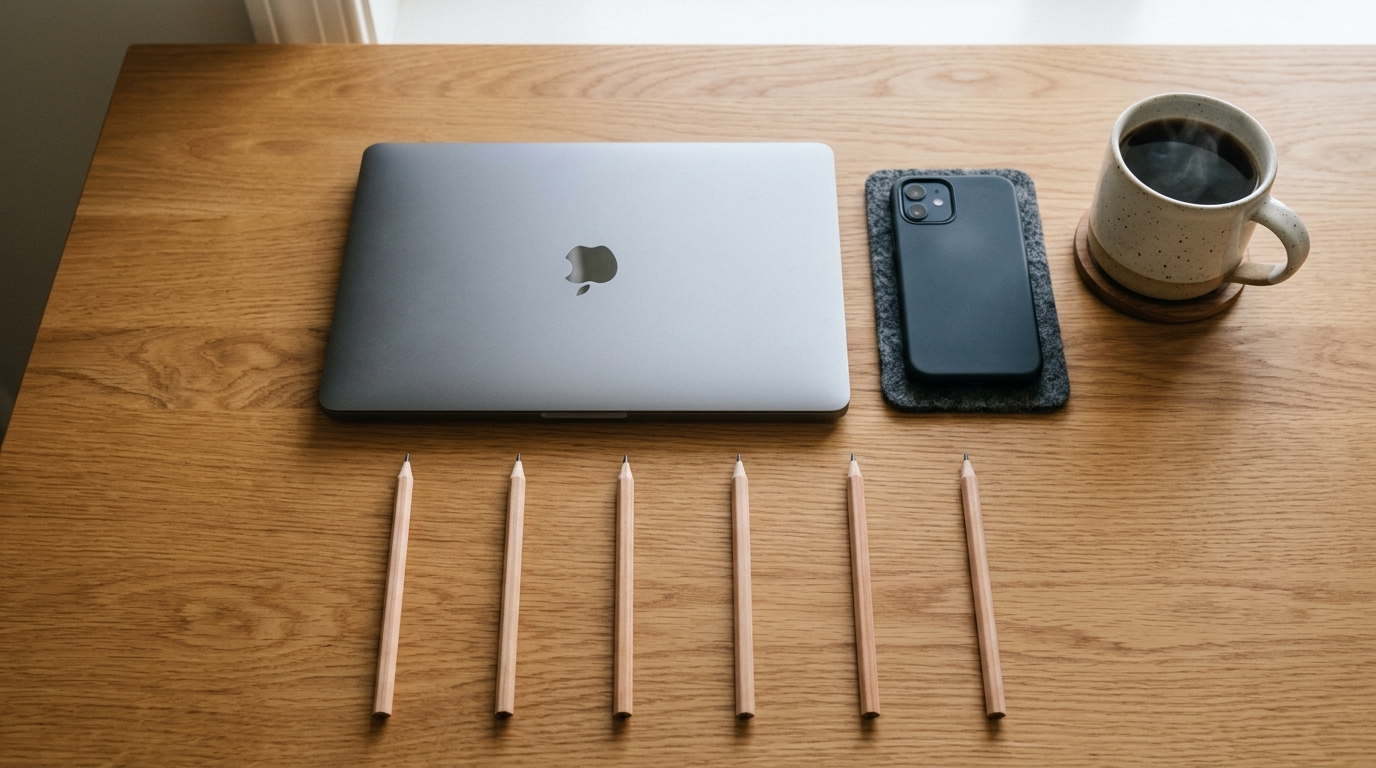 A tidy desk flat-lay with a closed laptop, a face-down phone, coffee, and a neat evenly-spaced row of pencils, an orderly steady one-at-a-time workflow