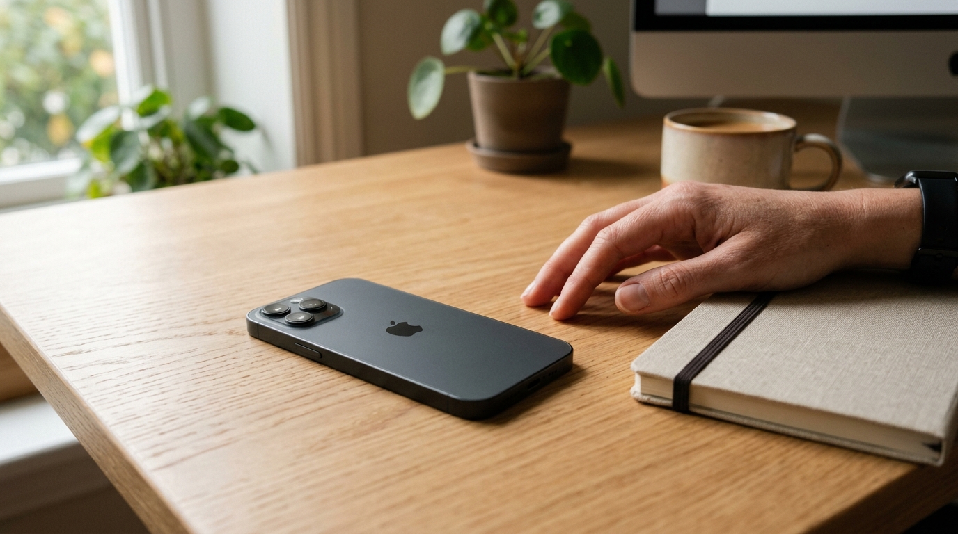A smartphone lying face-down on a calm wooden desk beside a hand and a closed notebook, a WhatsApp send confirmed from a Ruby workflow