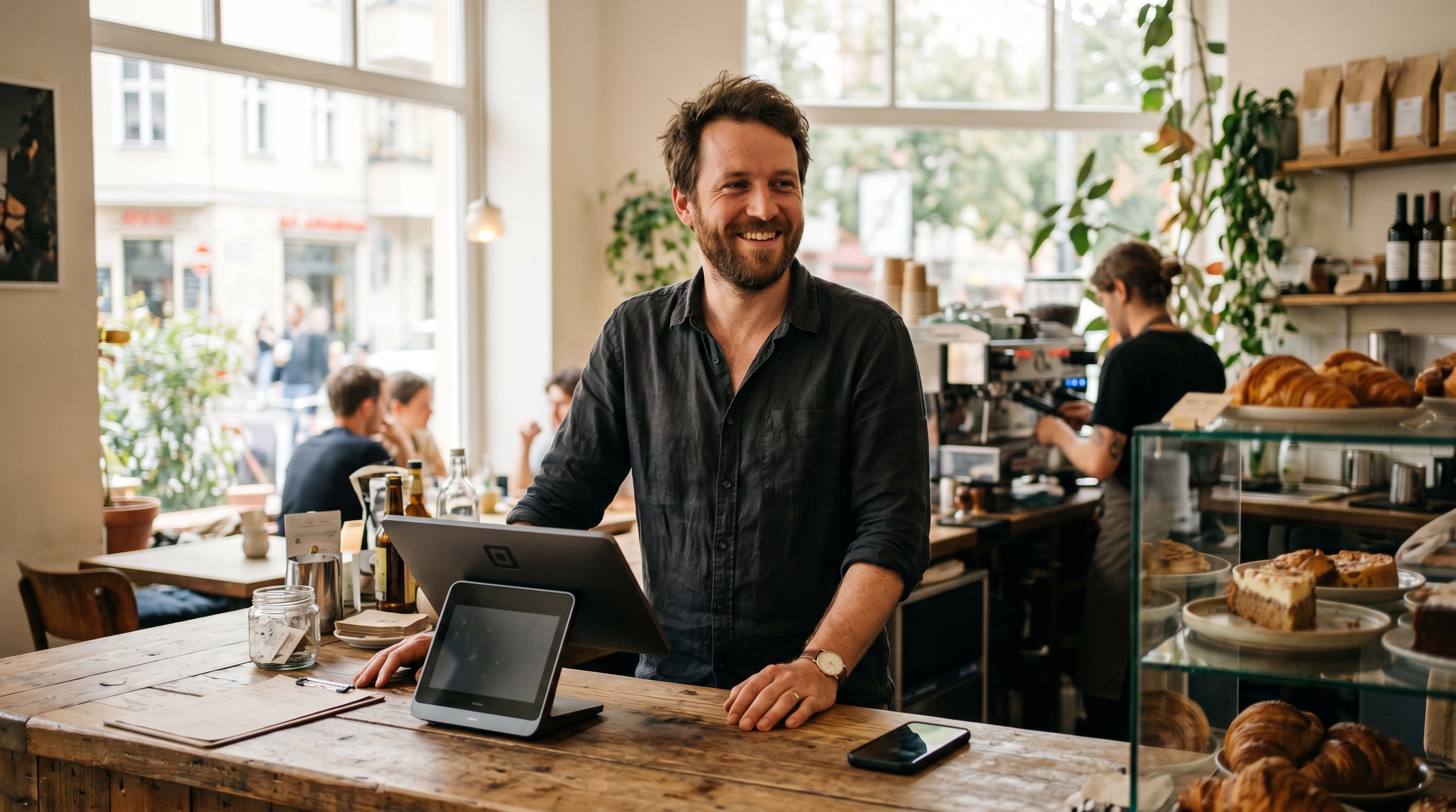 A cafe owner behind a counter in a Berlin coffee shop, phone face-down beside the till