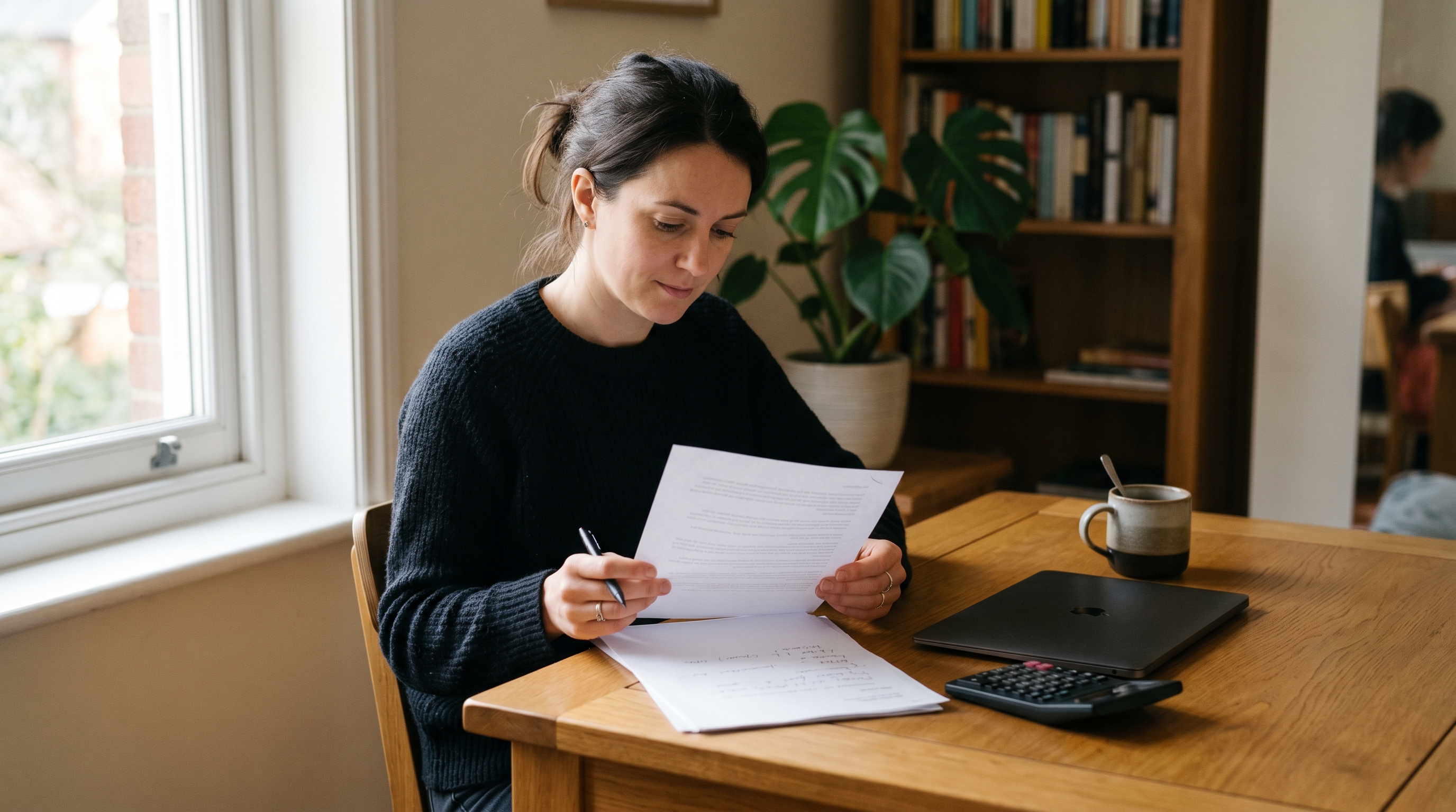 A person at a tidy desk reviewing printed paperwork next to a simple desk calculator