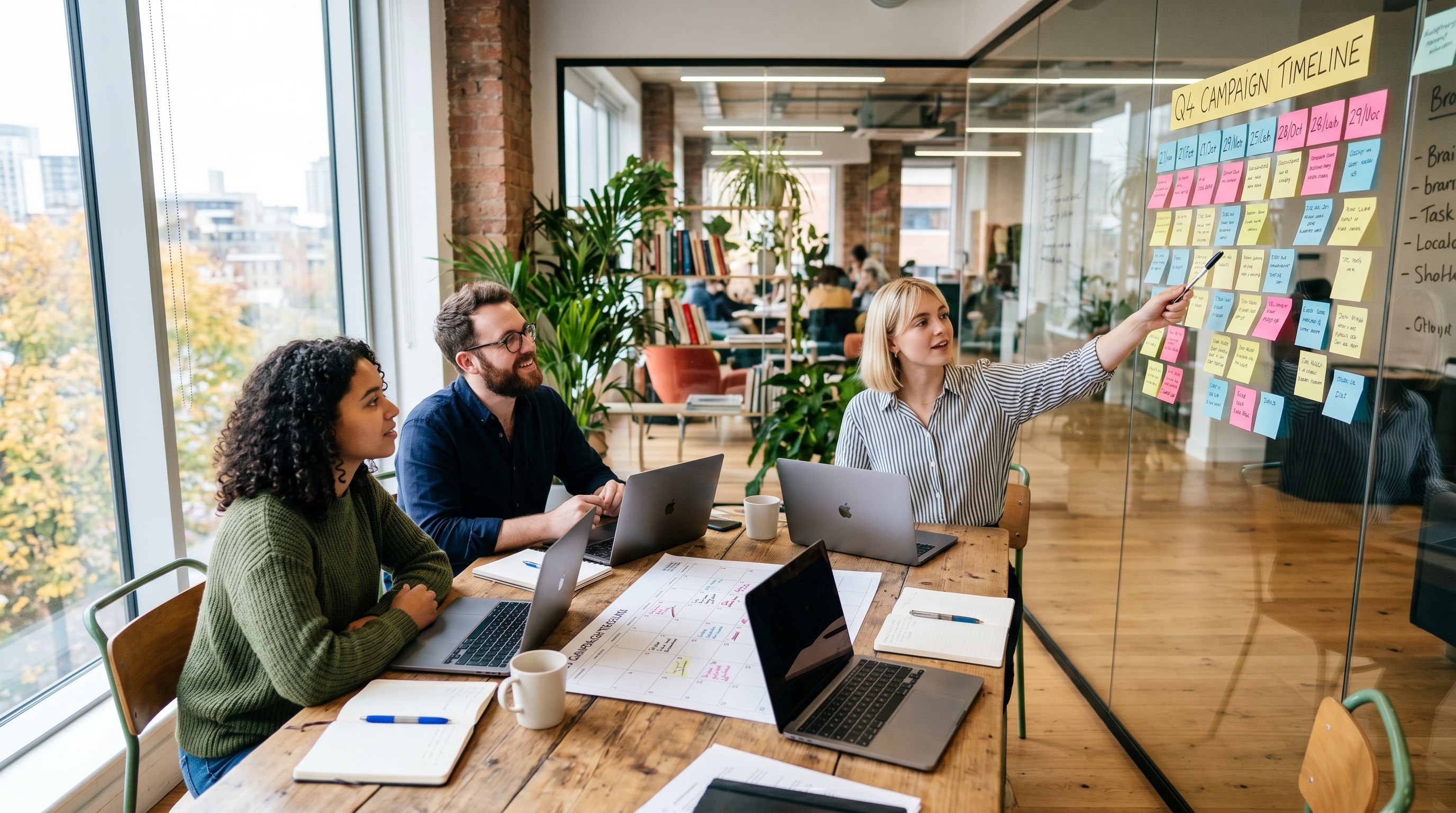 Marketing team planning a WhatsApp campaign management workflow at an office table